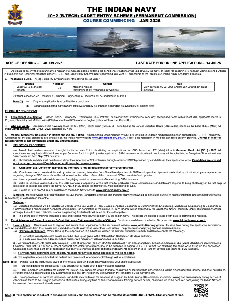 Indian Navy 10+2 B.Tech Cadet Entry January Recruitment 2026 PDF Indian Navy 10+2 B.Tech Cadet Entry January Recruitment 2026 PDF
