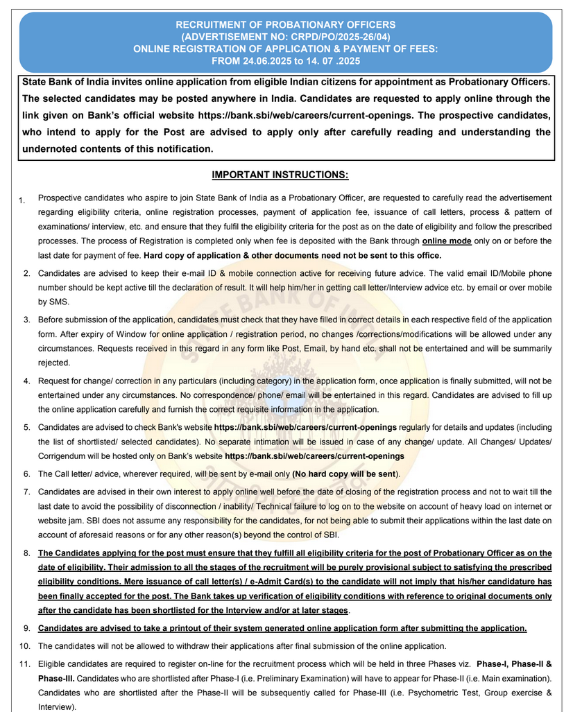 SBI PO Bharti 2025 Notification PDF SBI PO Bharti 2025 Notification PDF