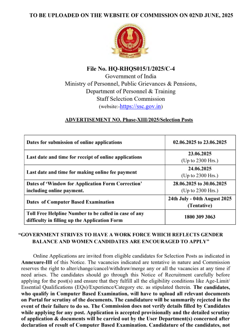 SSC Selection Post Phase XIII Notification SSC Selection Post Phase XIII Notification